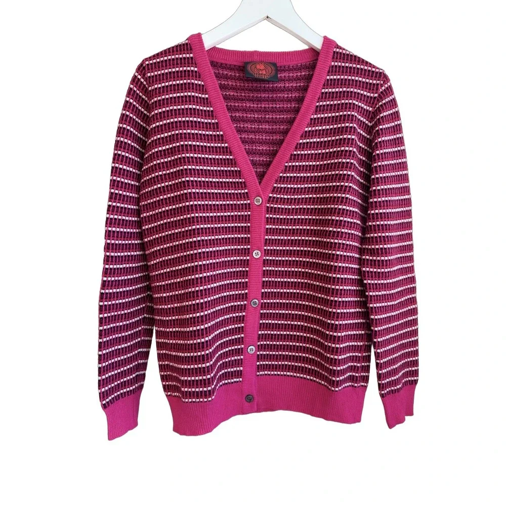 HAPPY SHEEP 100% Cashmere Cardigan Pink Striped V Neck Button Sweater S $398